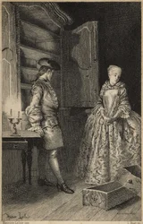 Opdagelsen af tyveriet - i «Histoire de Manon Lescaut et du chevalier Des Grieux» af Abbé Prévost (1697-1763), fransk forfatter. Gravure efter tegninger af Maurice Leloir (1885).