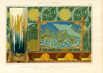 Art Nouveau-dekoration med vandfugle, fisk og snegle (litografi)
