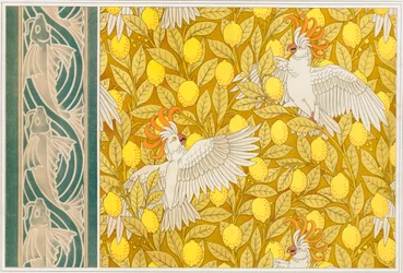 Design til tapetkakaduer med citroner og tapetkant med flyvefisk, pub. 1897.