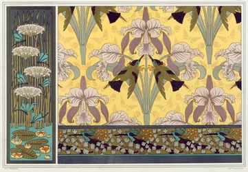 Design til tapetkant, stof og panel: "Dragonflies; Waterlillies and Flowering Rush", Humming Birds and Orchids" og Humming Birds and Maiden Hair Fern" fra 
