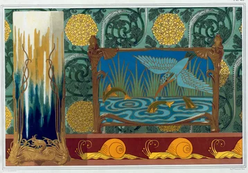 Design til bronzevasestøtte, tapet og kant, og emalje og bronze Jardiniere, pub. 1897.