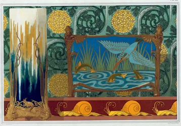 Designs til bronzevasestøtte, tapet og kant, og emalje og bronze Jardiniere "Rejer", "Snegle", firben og tjørn", "Kingfisher og fisk", fra 