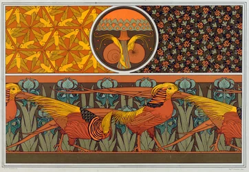 Designs til tapetkant og stof: Fugle, Mariehøns og Maiden Hair Fern, pub. 1897.