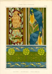 Ornamentale borter med ørn, papegøjer og landskabsfrise (litografi)