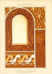 Ornamentalt rammedesign med vandfugle og harer (litografi)