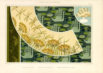 Vandverdener med guldsmede, blomster og svaner (litografi)