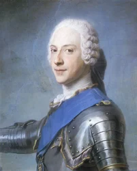 Portræt af prins Charles Edward Stuart, brystlængde, i profil til venstre, hovedet vendt mod fronten, højre arm hævet,