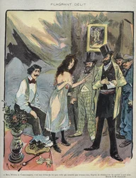 Illustration af Maurice Radiguet (1866-1941) til det franske magasin "" Le Rire""" nummer 46 de 1895 - "" Flagrant Delit""" - Ben monsieur kommissær, det er en sjov lov, der forbyder med 35 graders varme fra få det godt""