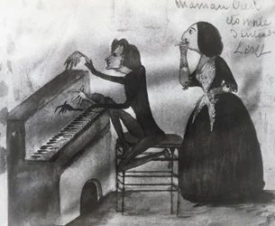 Karikatur af Franz Liszt (1811-1886) og George Sand (1804-1876) i Nohant i 1832, tegning af Maurice Sand (1825-1889)