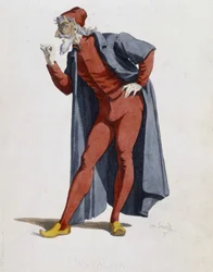 Kostume og teaterkarakter: Pantalone (bukser, læge) Dæk fra "" Masques et bouffons"" (italiensk komedie), tekst og tegninger af Maurice Sand, tryk af A. Manceau, forord af Georges Sand, Paris, Michel Lévy Frères