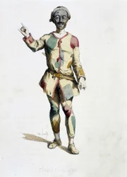 Harlekin (Arlechino) tegner fra "" Masques et bouffons"" (italiensk komedie), tekst og tegninger af Maurice Sand, tryk af A. Manceau, forord af Georges Sand