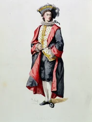 Lelio tegner fra "Masques et bouffons" (italiensk komedie), tekst og tegninger af Maurice Sand (1823-1890), stik af A. Manceau, forord af Georges Sand, Paris, Michel Levy Freres