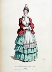 Madelons kostume i stykket "Les precieuses ridicules" af Jean Baptiste Poquelin dit Moliere, illustreret af Maurice Sand (1823-1889). 1868. Paris, fransk komedie