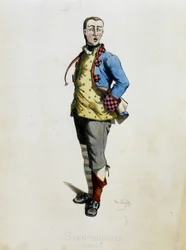 Stenterello tegner fra "Masques et bouffons" (italiensk komedie), tekst og tegninger af Maurice Sand, tryk af A. Manceau, forord af Georges Sand, Paris, Michel Levy Freres
