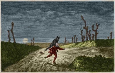 Varulven (The werewolf, lupo mannaro) gravering efter et maleri af Maurice Sand. Stik fra 1857.