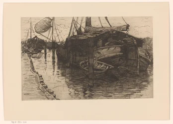 Fortøjede både i en havn Fortøjet sejlpram (original titel)