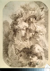 Studie af otte hoveder. (Undersøgelser af otte hoveder). Tegning af Mauro Gandolfi (1764-1834). italiensk kunst. Blyant og brunt indisk blæk på papir. Pushkin Museum, Moskva