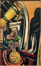 Atelier (nat). Stilleben med et teleskop og en tilsløret figur