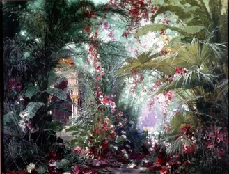 Dekoration til Richard Wagners "Parsifal"-show: Klingsorhaven. Scenografi af Bruckner 1882. Wagner Museum, Bayreuth.
