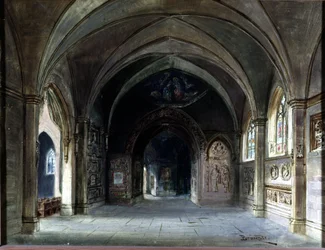 Dekoration til "" Die Meistersinger"" eller "" Les maitres singteurs de Nuremberg"", opera af Richard Wagner. Scenografi af Bruckner, Akt I. Wagner Museum Bayreuth.