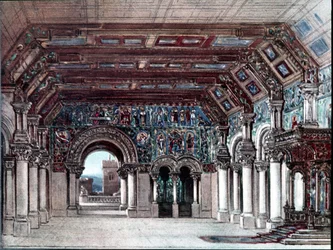 Set til Richard Wagners opera Tannhauser. Scenografi af Bruckner 1891. Bayreuth, Wagner Museum.