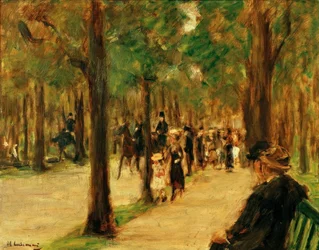Promenade i zoologisk have med vandrere og en hest