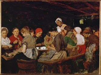 Kvinder i en konservesfabrik (olie på mahognitræ)