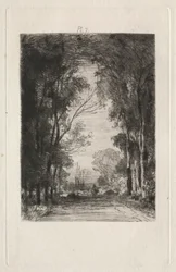 Rejsende på en vej i en skov, 1866.