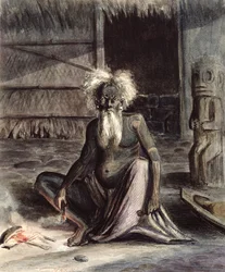 Gammel mand fra Tahiti siddende nær en Tiki, ca. 1841-48 (pen og blæk og wc på papir)