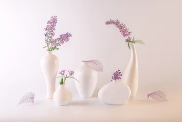 Hvide vaser og lavendelblomster