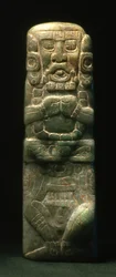Statuette placeret i dedikation ned af Hieroglyphic Stairway, Copan, Late Classic Period (600-900) (jade)