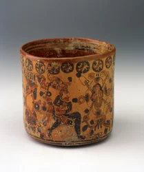 Cylindervase, ca. 650-850 (keramik med rød og sort på orange slipmaling)