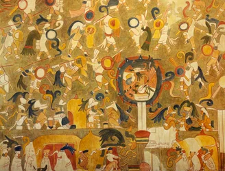 Rekonstruktion af et mayamaleri fra Chichén Itzá (Yucatán, Mexico), der skildrer en kampscene. Mayacivilisationen.