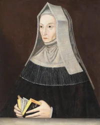 Portræt af Lady Margaret Beaufort (1441-1509), halvlangt, i sorte klæder og en hvid habit, en bønnebog i hendes hænder (olie på panel)