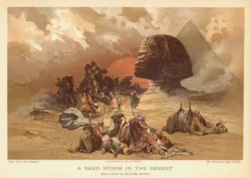 En sandstorm i ørkenen (farve litho)