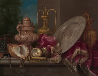 Stilleben med sølv- og guldplade, skaller og et sværd, fjerde kvartal 1600-tallet.