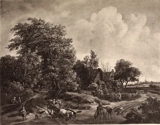 Gård i udkanten af en skov, med vogn og heste