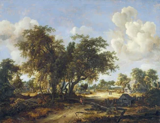 Skovklædt landskab med hytter, 1665