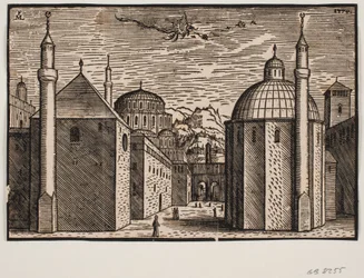 3 moskéer, hver med 1 minaret; i himlen en flyvende drage med lang hale