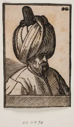 Buste af skægget mand iført turban, 3/4 profil mod højre