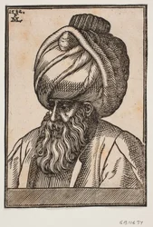 Buste af fuldskægget mand iført turban, 3/4 profil mod venstre