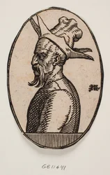 Oval medaljon med buste af en mand med et hængende overskæg og en hat med fire flapper; venstre side af mandens ansigt ses i profil