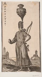 Stående soldat, frontalt set, hovedet vendt mod h.; han bærer bue over sin v. arm, pilekogger på ryggen og sværd ved sin v. side; han strækker koket sin h. arm bagud; i baggr. t.h. og t.v. to fæstningslignende bygninger