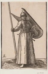 Stående soldat med hjelm på hovedet; i h. hånd en lanse, hvis top er udenfor øvre indramningslinje; på v. arm et krumt skjold, som ses indefra; i bæltet under h. arm en krum dolk, ved v. side et sværd