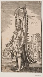 Stående soldat ved en klippekyst, hinsides vandet en by; hans hovedbeklædning er smykket med en ekstremt lang fjerprydelse