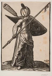 Stående soldat, vendt mod h.; på hovedet turban, i h. hånd en løftet lanse med vimpel under spidsen; på v. arm et skjold med en stofomviklet fjerbusk