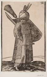Stående tykmavet soldat, med h. hånd i lommen, vendt mod h.; to fjer i turbanen; ved v. side sværd, på v. arm skjold med fjerbusk; på jorden foran ham ligger stridskølle og lanse over kors