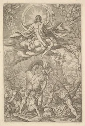 Kristi opstandelse, omgivet af en aureole og skyer med linjer af vingede putti til..., 1577.