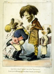 Tegnefilm om Giuseppe Verdi og Napoleon III efter operaen Don Carlos i Paris i 1867. Karikatur af Melchiorre Delfico. Privee Milan Collection