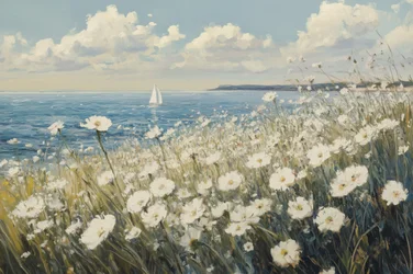 Hvide blomster, sejlbåd, kyst